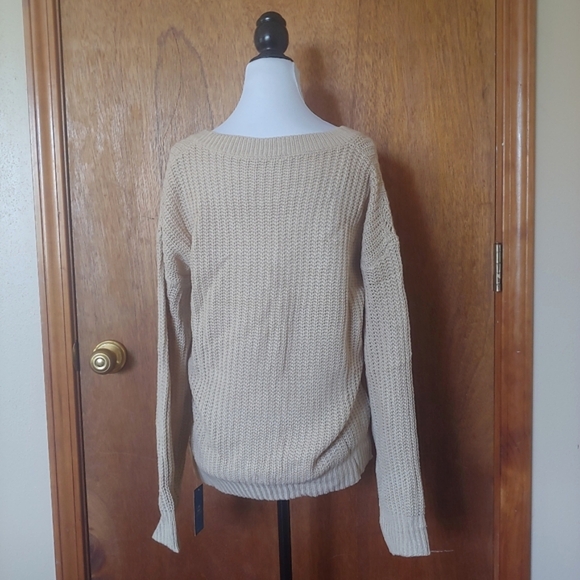 NWT Cupshe Brown Beige Pointelle V Knit Crochet Long Light Spring Sweater S - Picture 6 of 13